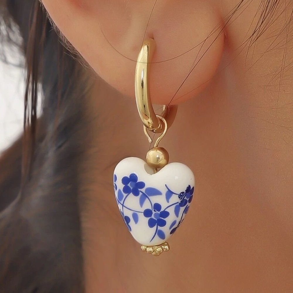 Stainless Steel Floral Ceramic Heart Drop Earrings - Picture 2 of 4